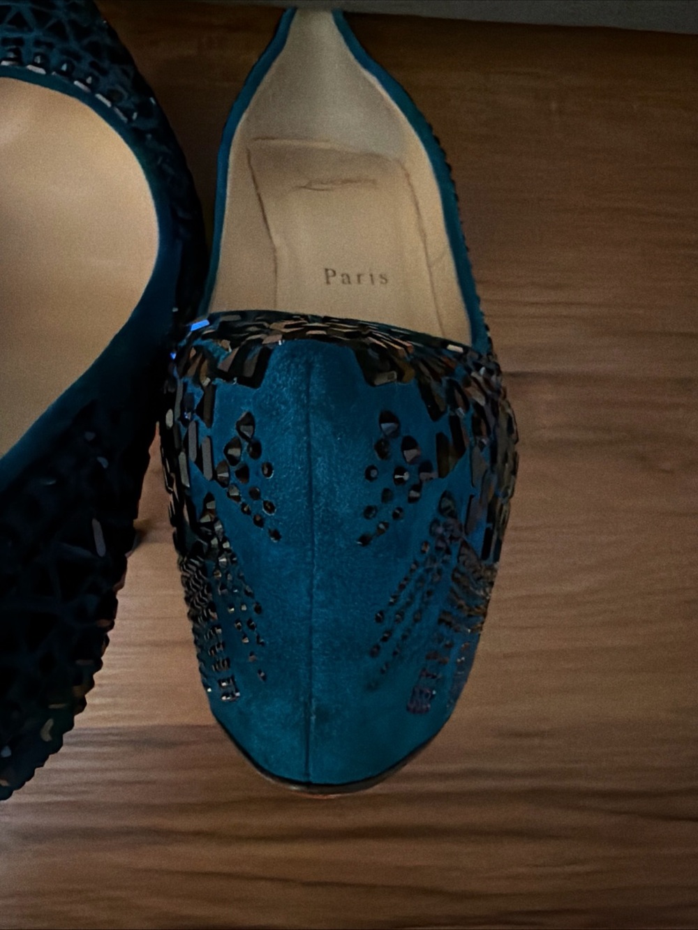 Christian Louboutin Decora Strass Teal Blue Suede Crystal Platform Pumps 38 - Picture 6 of 13